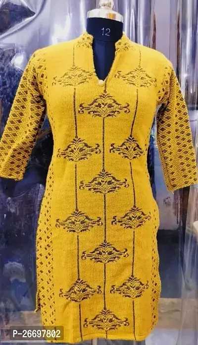 Stylish Straight Yellow Printed Wool Kurta For Women