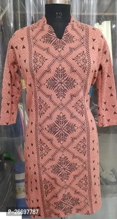 Stylish Straight Peach Printed Wool Kurta For Women