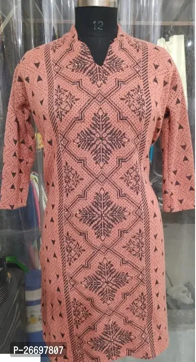 Stylish Straight Peach Printed Wool Kurta For Women