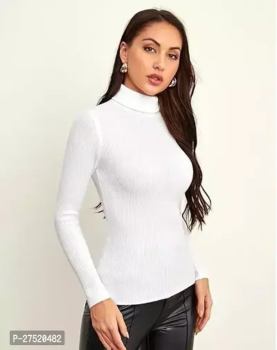 Stylish White Lycra Solid High Neck Top For Women-thumb0