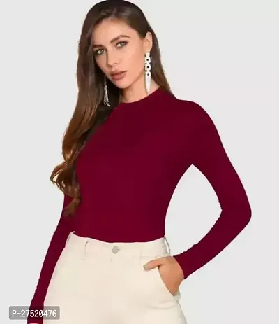 Stylish Maroon Lycra Solid High Neck Top For Women-thumb0