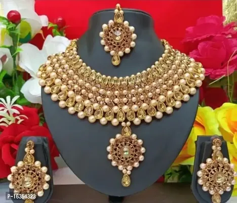 Trendy Bridal Kundan Gold Plated Wedding Jewellery Choker Necklace Set With Maangtikka And Earrings For Women (Golden)-thumb0