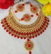 Trendy Bridal Kundan Gold Plated Wedding Jewellery Choker Necklace Set With Maangtikka And Earrings For Women (Red)-thumb1