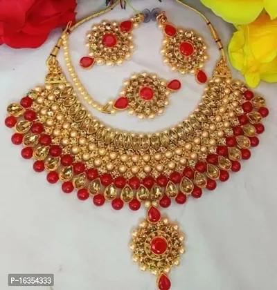 Trendy Bridal Kundan Gold Plated Wedding Jewellery Choker Necklace Set With Maangtikka And Earrings For Women (Red)-thumb2