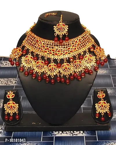 Trendy Bridal Kundan Gold Plated Wedding Jewellery Choker Necklace Set With Maangtikka And Earrings For Women