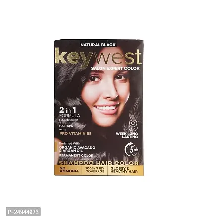 Keywest Shampoo Hair Color for Women  Men | 2in1 Formula Hair Color + Hair Spa (Pack of 10 Pouches, Natural Black, 150ml)