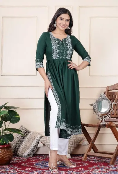 Women's Rayon Fabric Naira Cut Kurti Pant Set