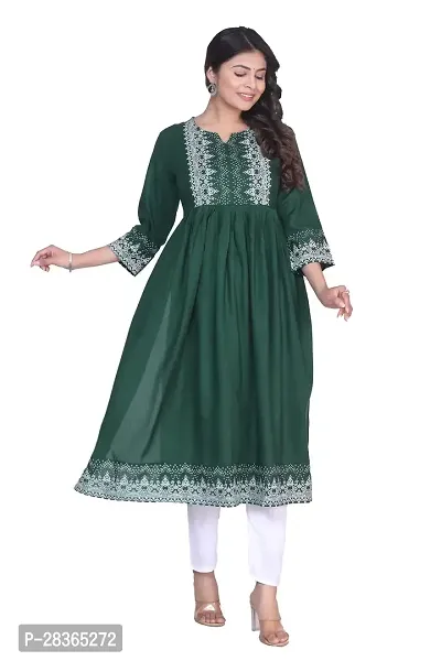 Women's Rayon Fabric Printed Naira Cut Kurti (Green)-thumb3