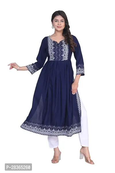 Women's Rayon Fabric Printed Naira Cut Kurti (Blue)