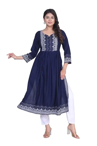 Women's Rayon Fabric Naira Cut Kurti (Blue)