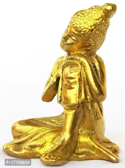 Kartique Resting Brass Gautam Buddha Idol in Gold Color with Tilted Head on Knee Statue for Home Decor Office Table Showpiece Religious Gift 2.2 Inch-thumb2