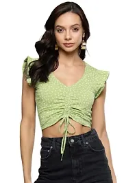 Thuban Fashion Women Ruffle Sleeves Floral Print Slim Fit Crop Top with Drawstring/Blouse V Neck-thumb3