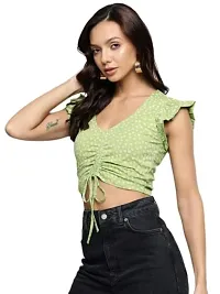 Thuban Fashion Women Ruffle Sleeves Floral Print Slim Fit Crop Top with Drawstring/Blouse V Neck-thumb1