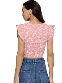 Thuban Fashion Women Ruffle Sleeves Floral Print Slim Fit Crop Top with Drawstring/Blouse V Neck-thumb2
