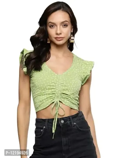 Thuban Fashion Women Ruffle Sleeves Floral Print Slim Fit Crop Top with Drawstring/Blouse V Neck