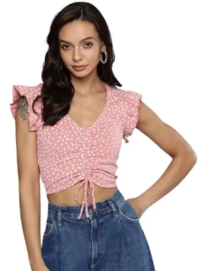 Thuban Fashion Women Ruffle Sleeves Floral Print Slim Fit Crop Top with Drawstring/Blouse V Neck