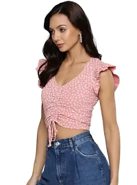 Thuban Fashion Women Ruffle Sleeves Floral Print Slim Fit Crop Top with Drawstring/Blouse V Neck-thumb1