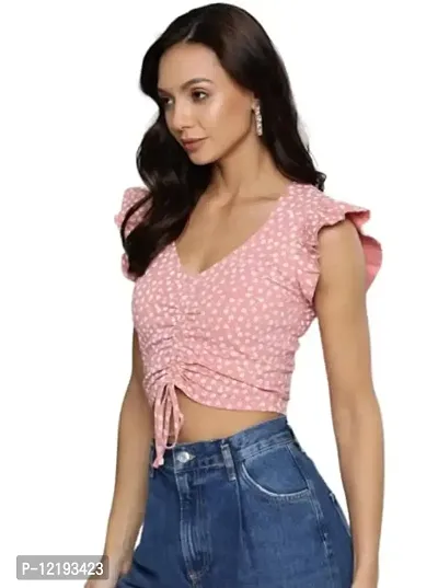 Thuban Fashion Women Ruffle Sleeves Floral Print Slim Fit Crop Top with Drawstring/Blouse V Neck-thumb2