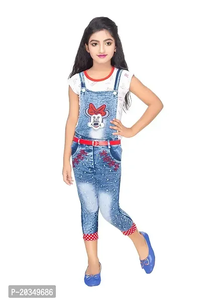 RAVEN CREATION Girl's Casual and Western Dungaree (White and Denim Blue, 2-3 Years)-thumb0