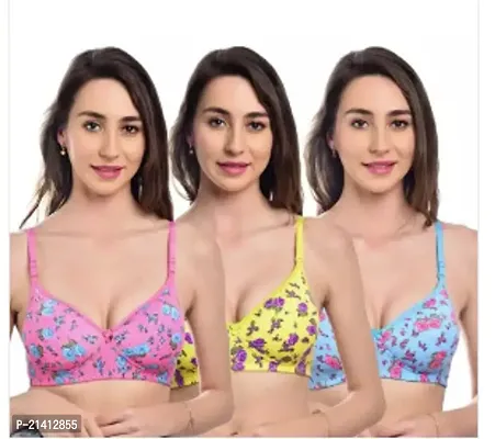 Stylish Multicoloured Cotton Blend Printed Bras For Women Pack Of 3