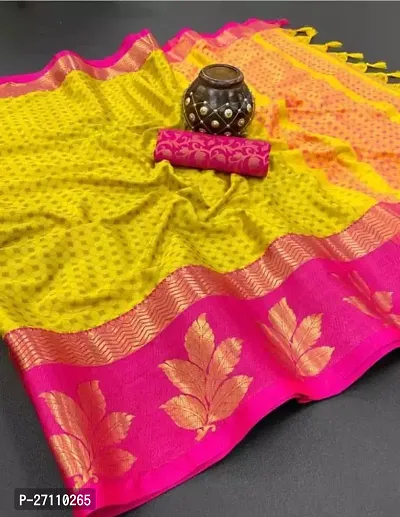 Stylish Yellow Cotton Silk Woven Design Saree With Blouse Piece For Women-thumb0