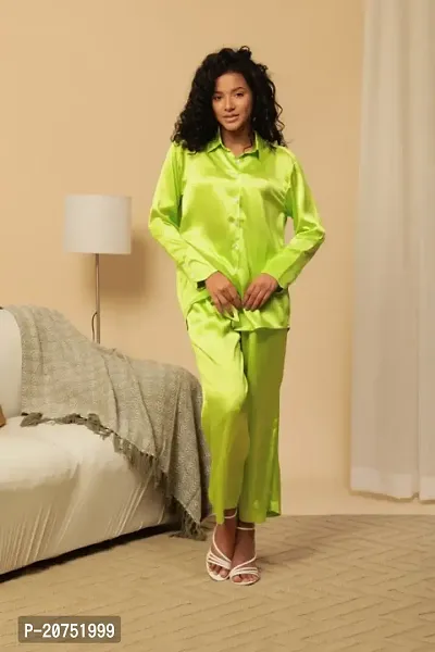 Satin Shirt Full Sleeves With Straight Pant ndash; Neon Green-thumb0