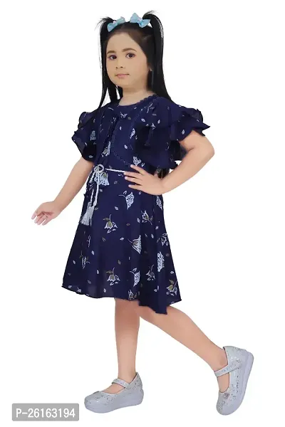 Girls Fancy Short Sleeve Round Neck Unique Designed Flower Printed Below Knee Dress-thumb3