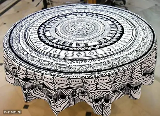 Miyanbazaz Textiles Cotton Abstract Contemporary Round Dining Table Cover (70-inch, Black and White, Pack of 1)-thumb5