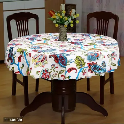 Miyanbazaz Cotton Blue-Multi Color Floral Print Design 6 Seater Table Cover 65 Inch Round Tablecloth(Red-pom-pom)-thumb0