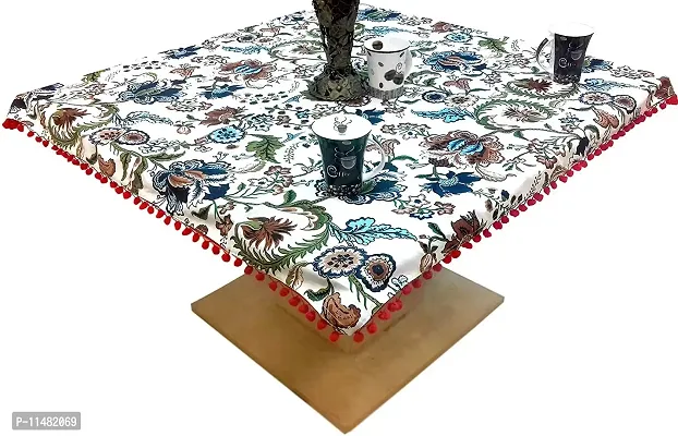 Miyanbazaz Textiles Cotton Abstract Floral Print Square Tea/Coffee Table Cover with Pom-Pom Lace Border (Multicolour,Pack of 1)-thumb0