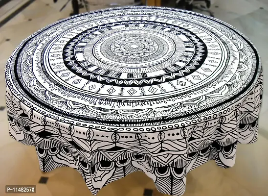 Miyanbazaz Textiles Cotton Abstract Contemporary Round Dining Table Cover (70-inch, Black and White, Pack of 1)