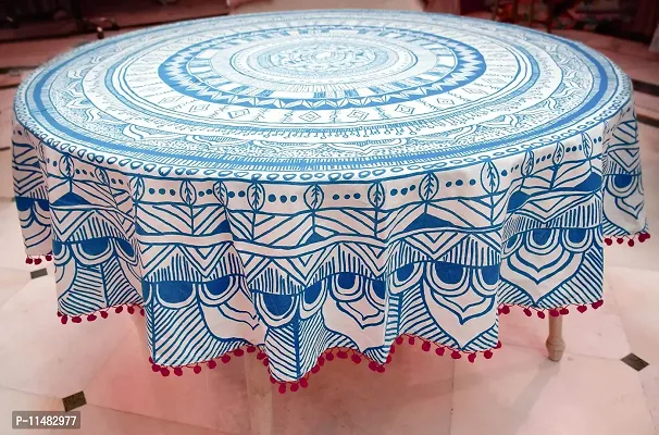 Miyanbazaz Textiles 100% Cotton Round Tablecloth with POM-POM Lace Border for 6 Seater Dinning Table (Light Blue)