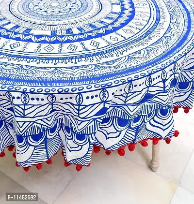 Miyanbazaz textiles Pom-Pom Tablecloth Cotton Linen Table Cover for Kitchen Dining Table Top Decoration (Round, 72 Inch) (Blue & Red Pom Pom)-thumb3