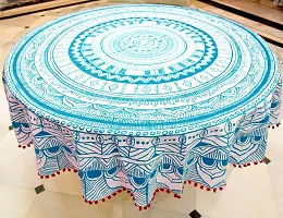 Miyanbazaz Textiles 100% Cotton Round Tablecloth with POM-POM Lace Border for 6 Seater Dinning Table (Light Blue)-thumb2