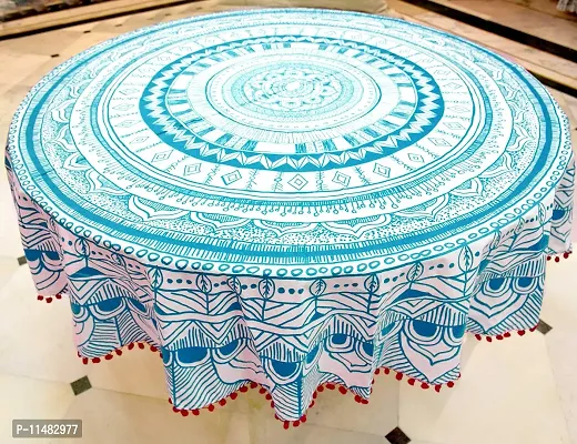 Miyanbazaz Textiles 100% Cotton Round Tablecloth with POM-POM Lace Border for 6 Seater Dinning Table (Light Blue)-thumb3