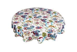 Miyanbazaz Cotton Blue-Multi Color Floral Print Design 6 Seater Table Cover 65 Inch Round Tablecloth(Red-pom-pom)-thumb1