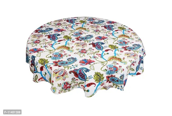 Miyanbazaz Cotton Blue-Multi Color Floral Print Design 6 Seater Table Cover 65 Inch Round Tablecloth(Red-pom-pom)-thumb2