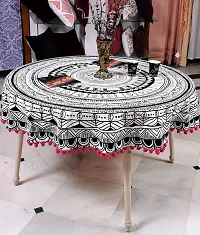 Miyanbazaz textiles 100% Cotton Dining Round Table Cover with Pink Pom-pom Lace Border Round Tablecloth (Black)-thumb4