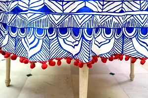 Miyanbazaz textiles Pom-Pom Tablecloth Cotton Linen Table Cover for Kitchen Dining Table Top Decoration (Round, 72 Inch) (Blue & Red Pom Pom)-thumb1