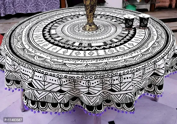 Miyanbazaz textiles Round Table Cover with Pom-Pom Laces Border Diameter 65 Inches Round Tablecloth