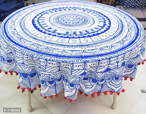 Miyanbazaz textiles Pom-Pom Tablecloth Cotton Linen Table Cover for Kitchen Dining Table Top Decoration (Round, 72 Inch) (Blue & Red Pom Pom)