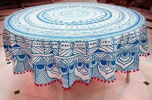 Miyanbazaz Textiles 100% Cotton Round Tablecloth with POM-POM Lace Border for 6 Seater Dinning Table (Light Blue)-thumb4