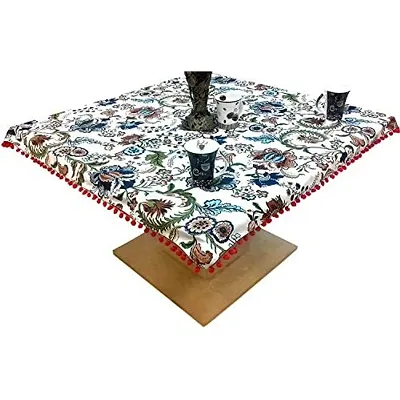 Miyanbazaz Textiles Cotton Abstract Floral Print Square Tea/Coffee Table Cover with Pom-Pom Lace Border (Multicolour,Pack of 1)