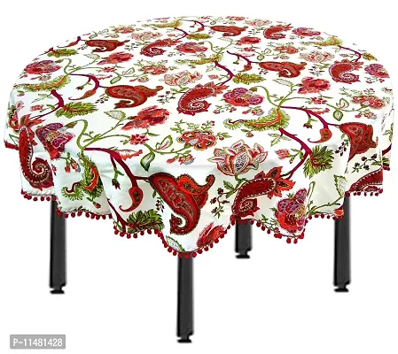 MIYANBAZAZ Cotton Floral Printed Dining Table Cover Red Pom-pom (40X40 Inch)