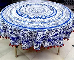 Miyanbazaz textiles Pom-Pom Tablecloth Cotton Linen Table Cover for Kitchen Dining Table Top Decoration (Round, 72 Inch) (Blue & Red Pom Pom)-thumb3