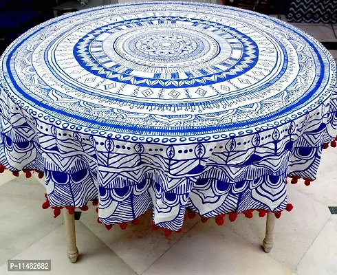 Miyanbazaz textiles Pom-Pom Tablecloth Cotton Linen Table Cover for Kitchen Dining Table Top Decoration (Round, 72 Inch) (Blue & Red Pom Pom)-thumb4