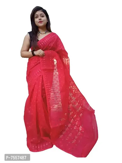 Shiuli cotton silk handmade all over buti dhakai jamdani Red self saree-thumb0