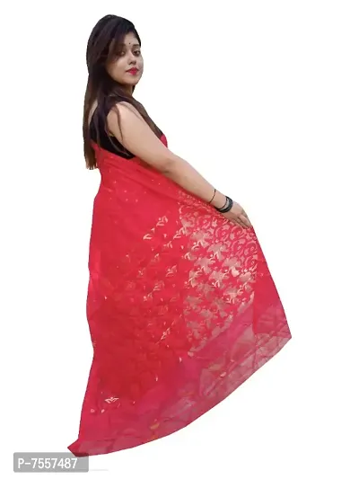 Shiuli cotton silk handmade all over buti dhakai jamdani Red self saree-thumb4