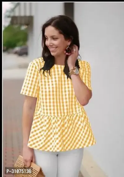 Elegant Yellow Cotton Checked Top For Women