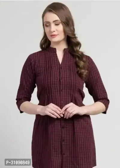 Elegant Brown Cotton Checked Top For Women-thumb0